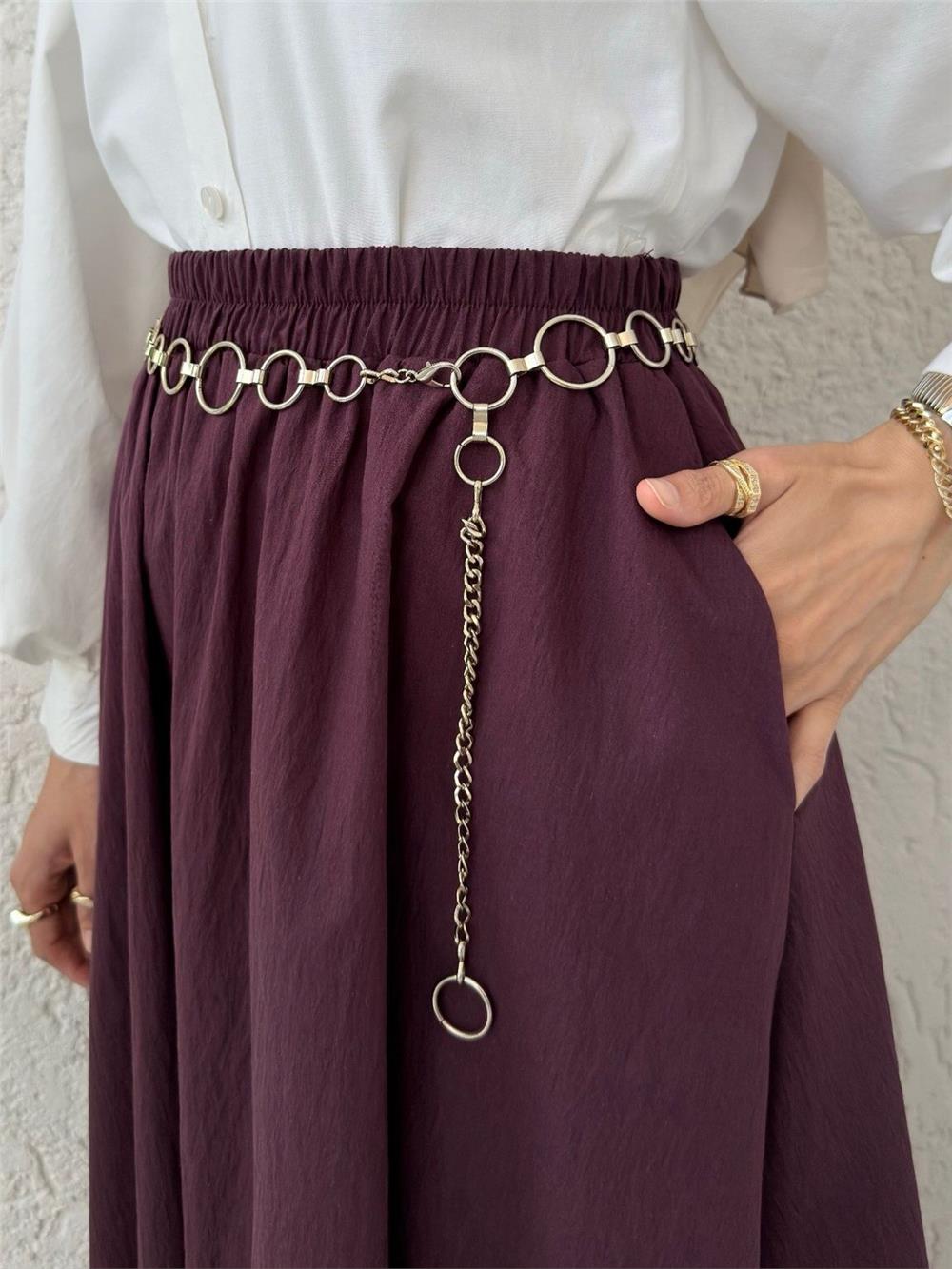 Dantel İşlemeli Beli Lastikli Etek -Mürdüm-307-2329-R09