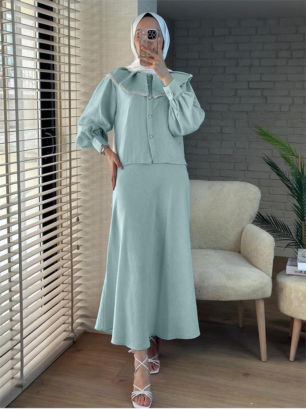 Lace Lettuce Collar Pure Linen Skirt Suit - Water Green-307-2082-R36