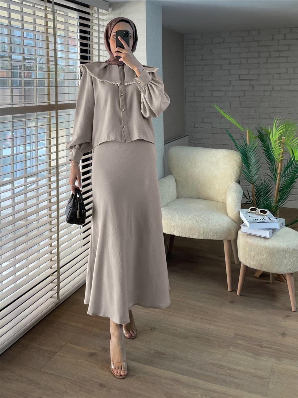 Lace Lettuce Collar Pure Linen Skirt Suit -Stone-307-2082-R43