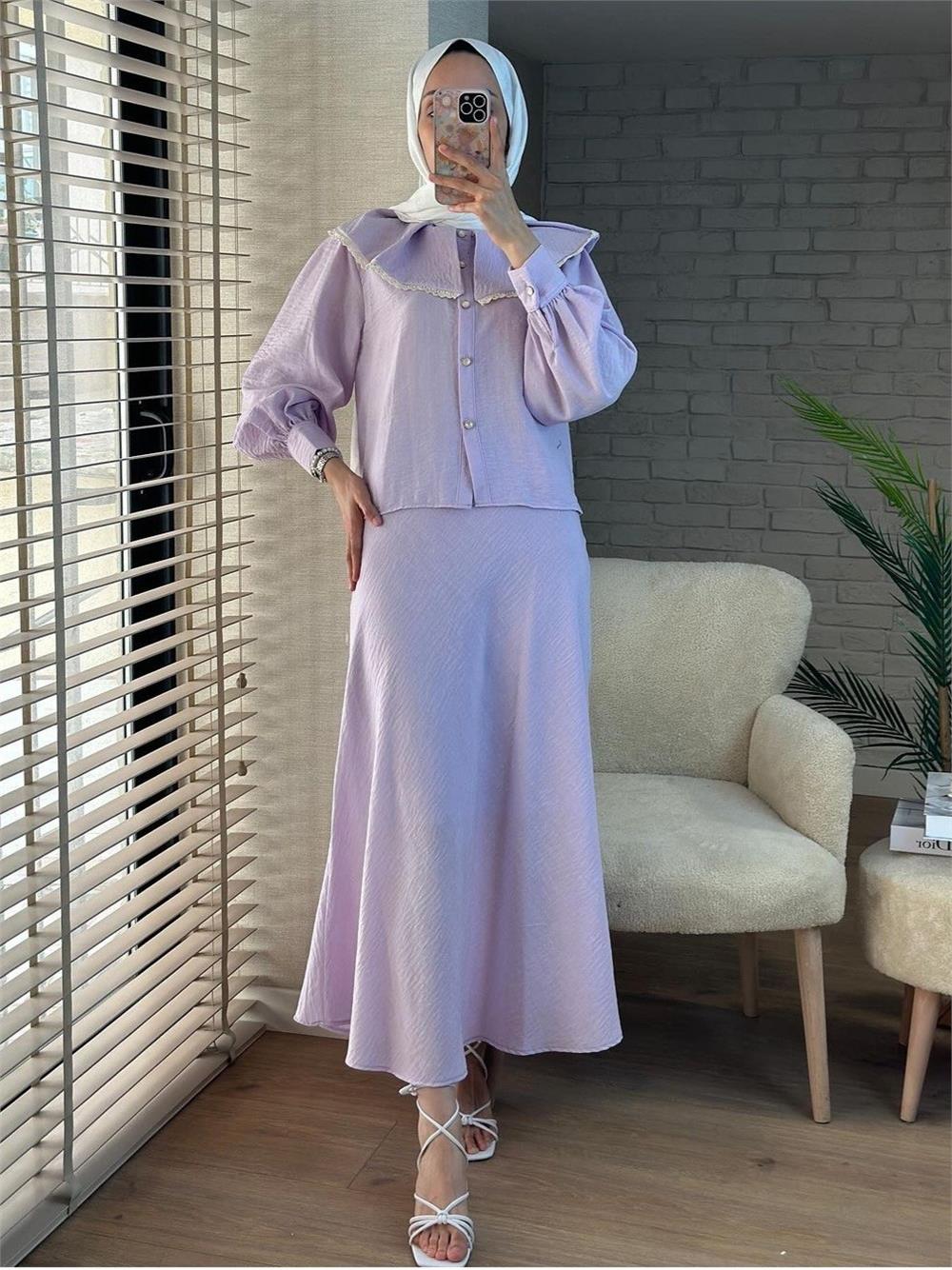 Lace Lettuce Collar Pure Linen Skirt Suit -Lilac-307-2082-R42