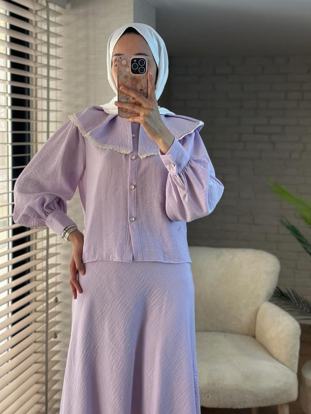 Lace Lettuce Collar Pure Linen Skirt Suit -Lilac-307-2082-R42