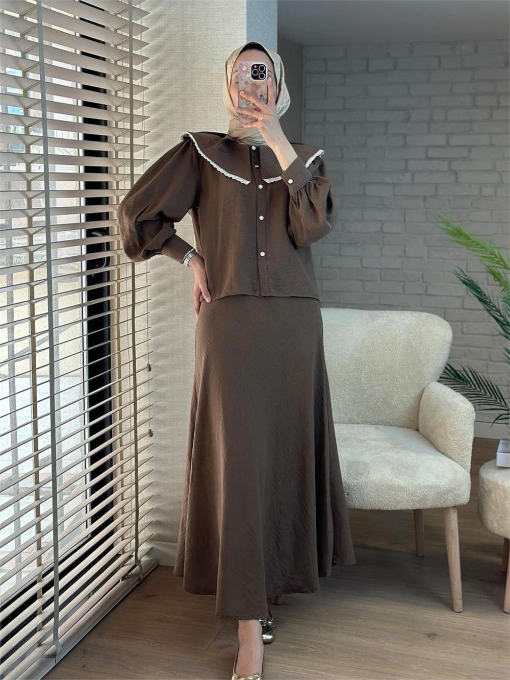 Lace Lettuce Collar Pure Linen Skirt Suit - Brown-307-2082-R15