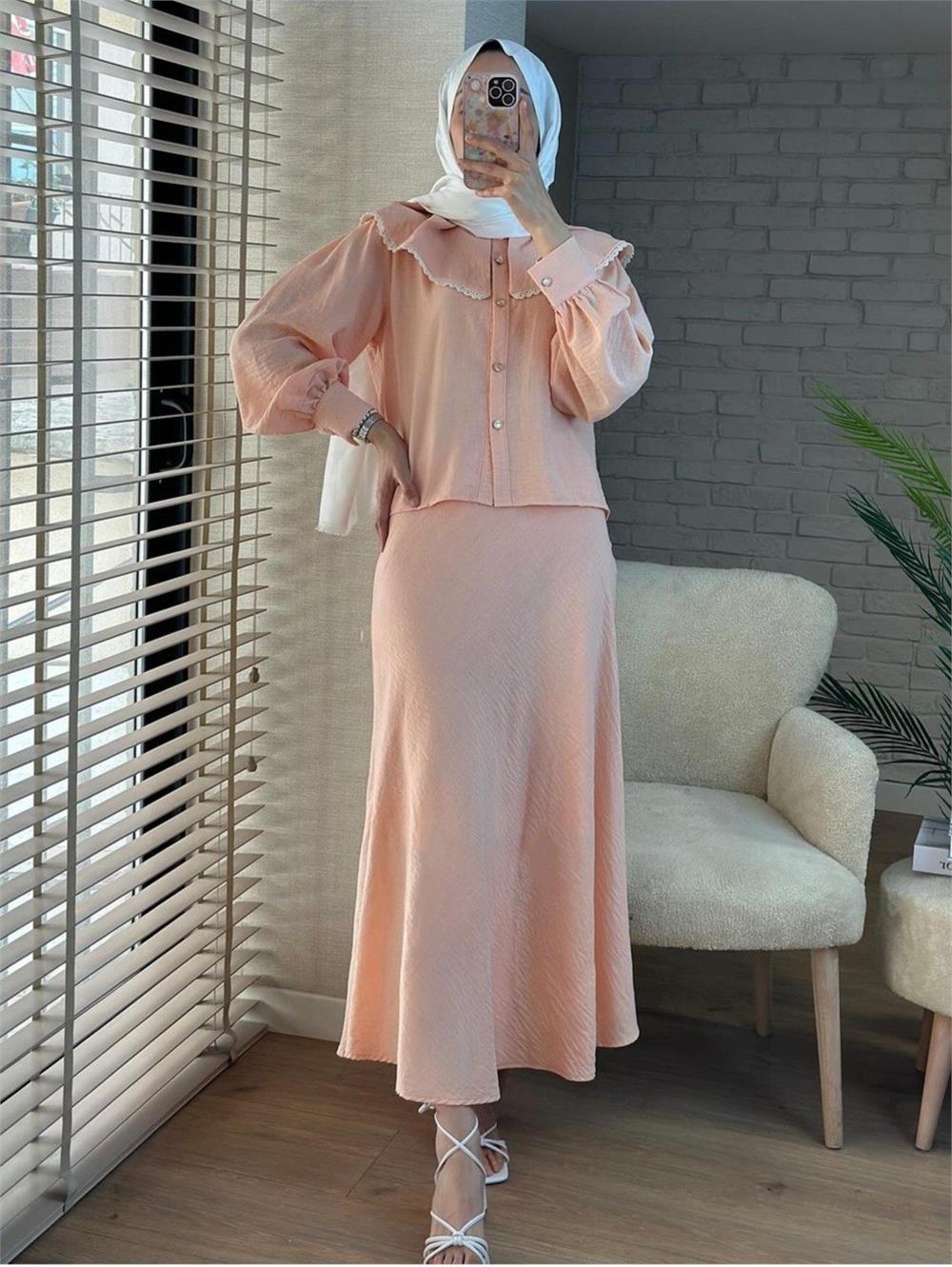 Lace Lettuce Collar Pure Linen Skirt Suit -Yavruağzı-307-2082-R77