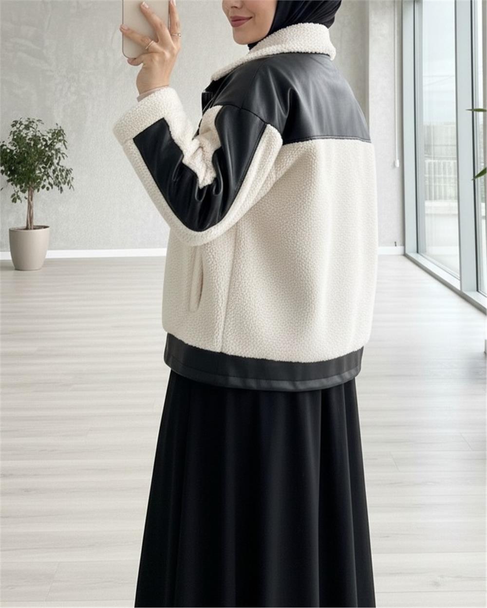 Deri Garni Detaylı Fermuarlı Cepli Peluş Mont -Krem-348-2631-R28