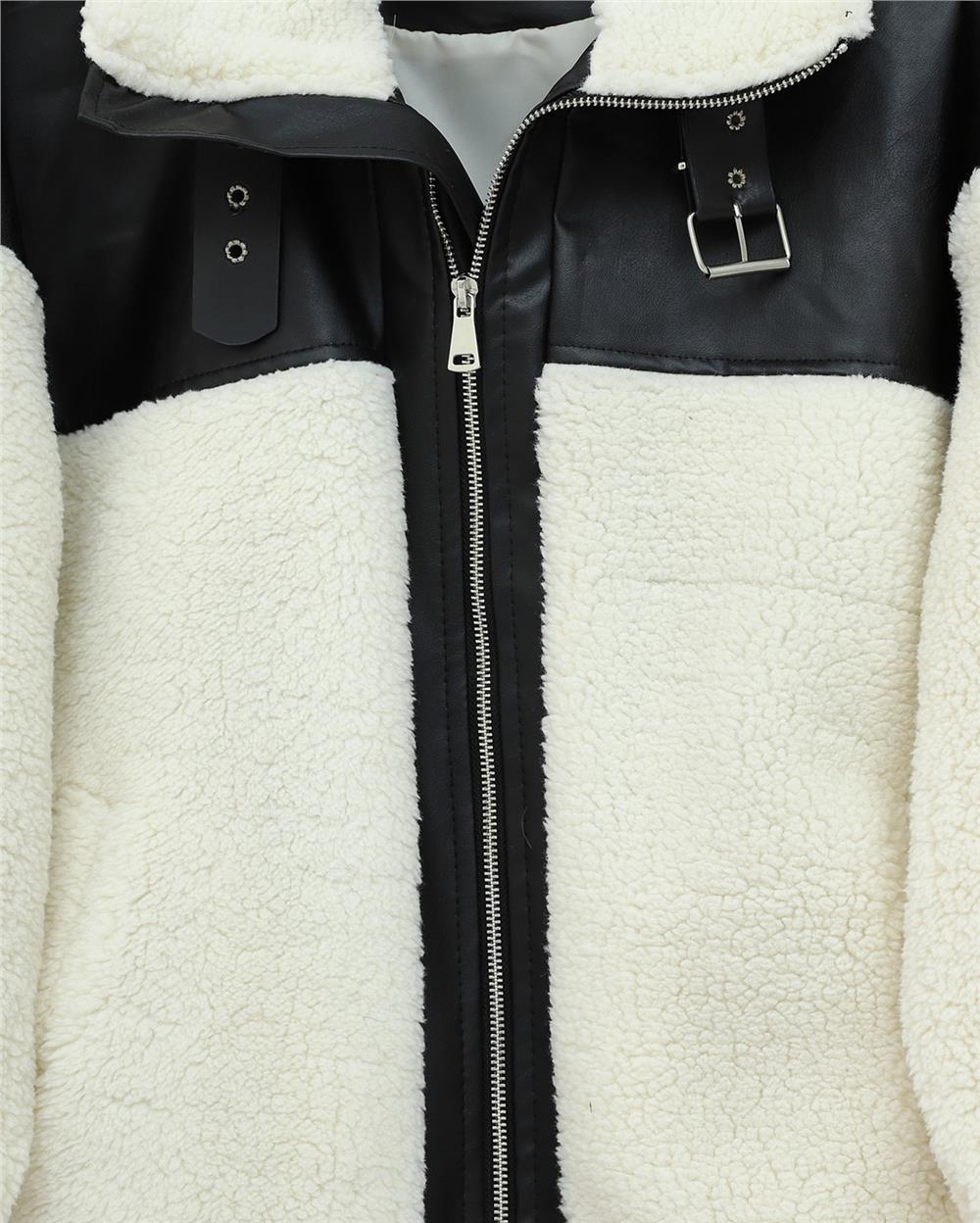 Deri Garni Detaylı Fermuarlı Cepli Peluş Mont -Krem-348-2631-R28