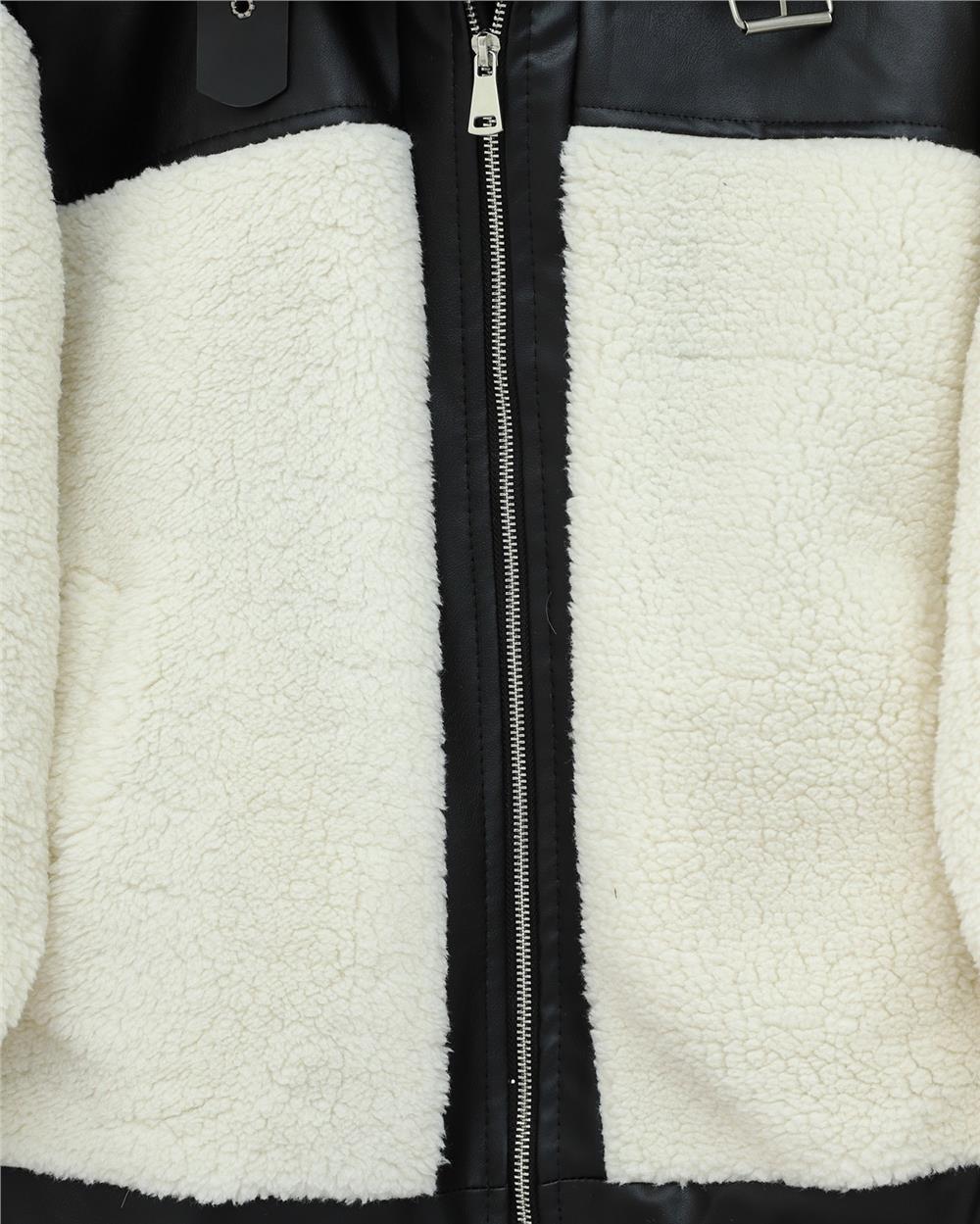 Deri Garni Detaylı Fermuarlı Cepli Peluş Mont -Krem-348-2631-R28