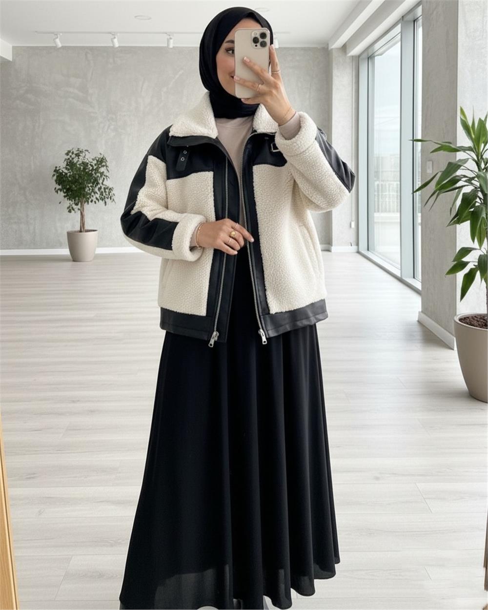 Deri Garni Detaylı Fermuarlı Cepli Peluş Mont -Krem-348-2631-R28