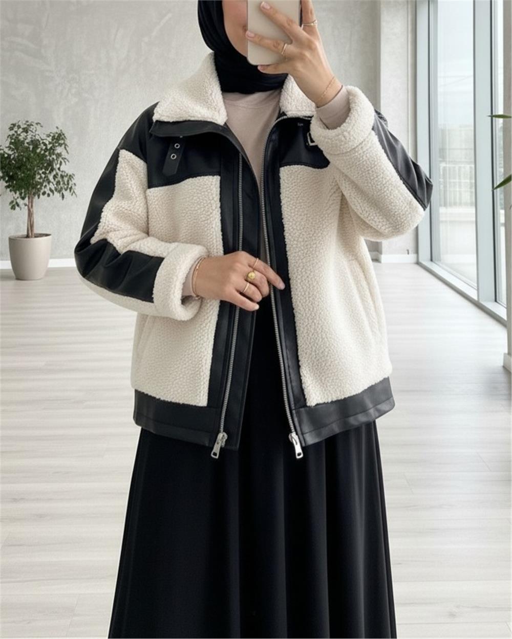 Deri Garni Detaylı Fermuarlı Cepli Peluş Mont -Krem-348-2631-R28