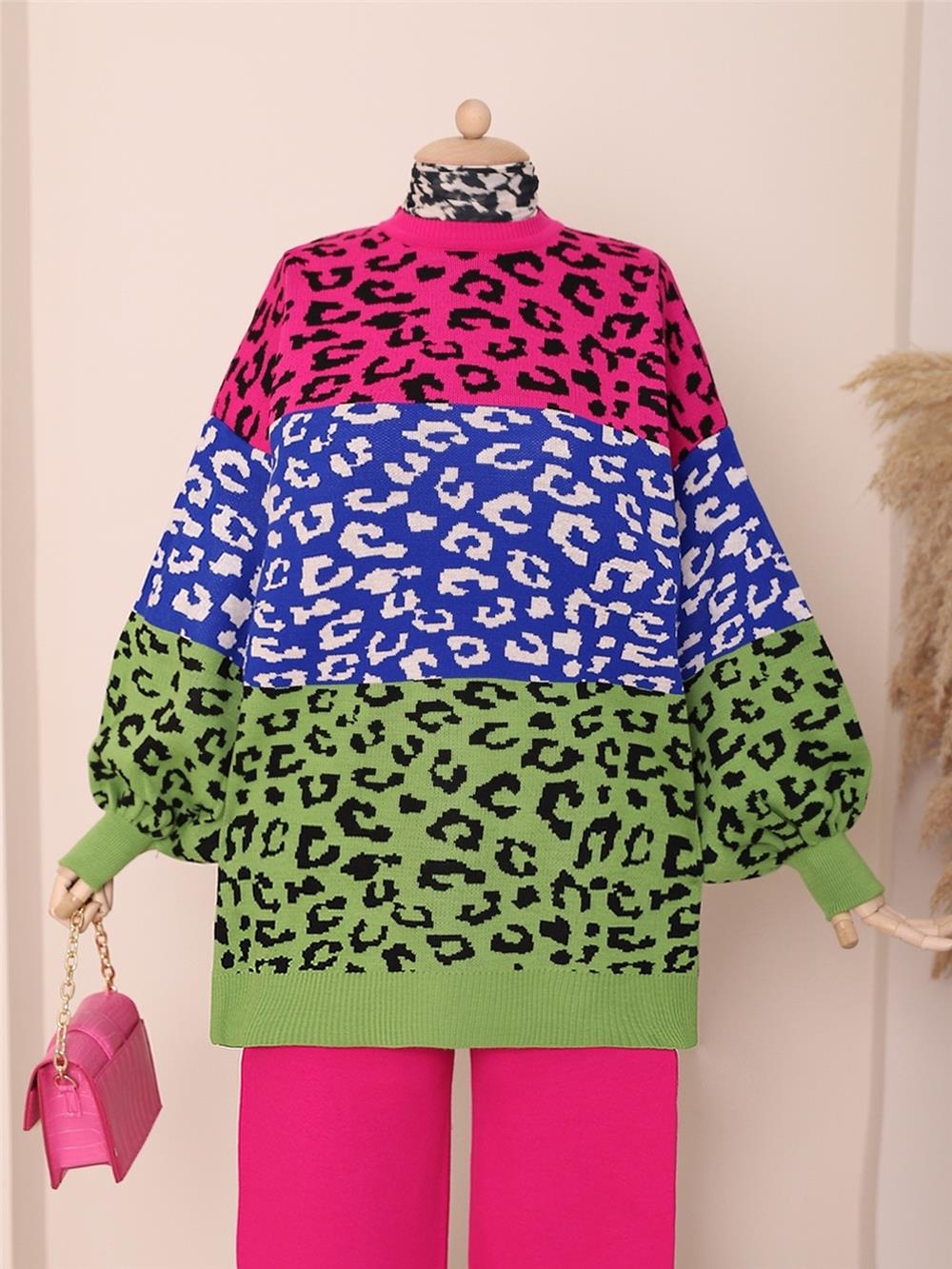 Patterned Balloon Sleeve Winter Knitwear Tunic -Fuchsia-295-5178-R14