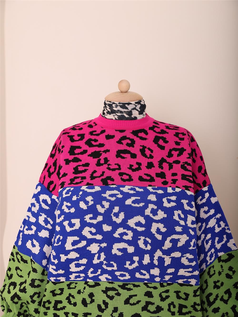 Patterned Balloon Sleeve Winter Knitwear Tunic -Fuchsia-295-5178-R14