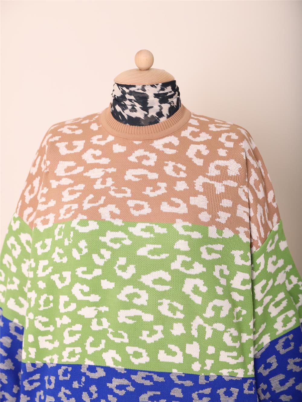 Patterned Balloon Sleeve Winter Knitwear Tunic -Green-295-5178-R35