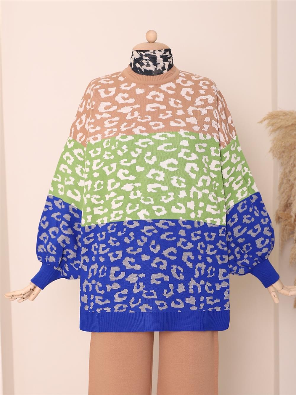 Patterned Balloon Sleeve Winter Knitwear Tunic -Green-295-5178-R35
