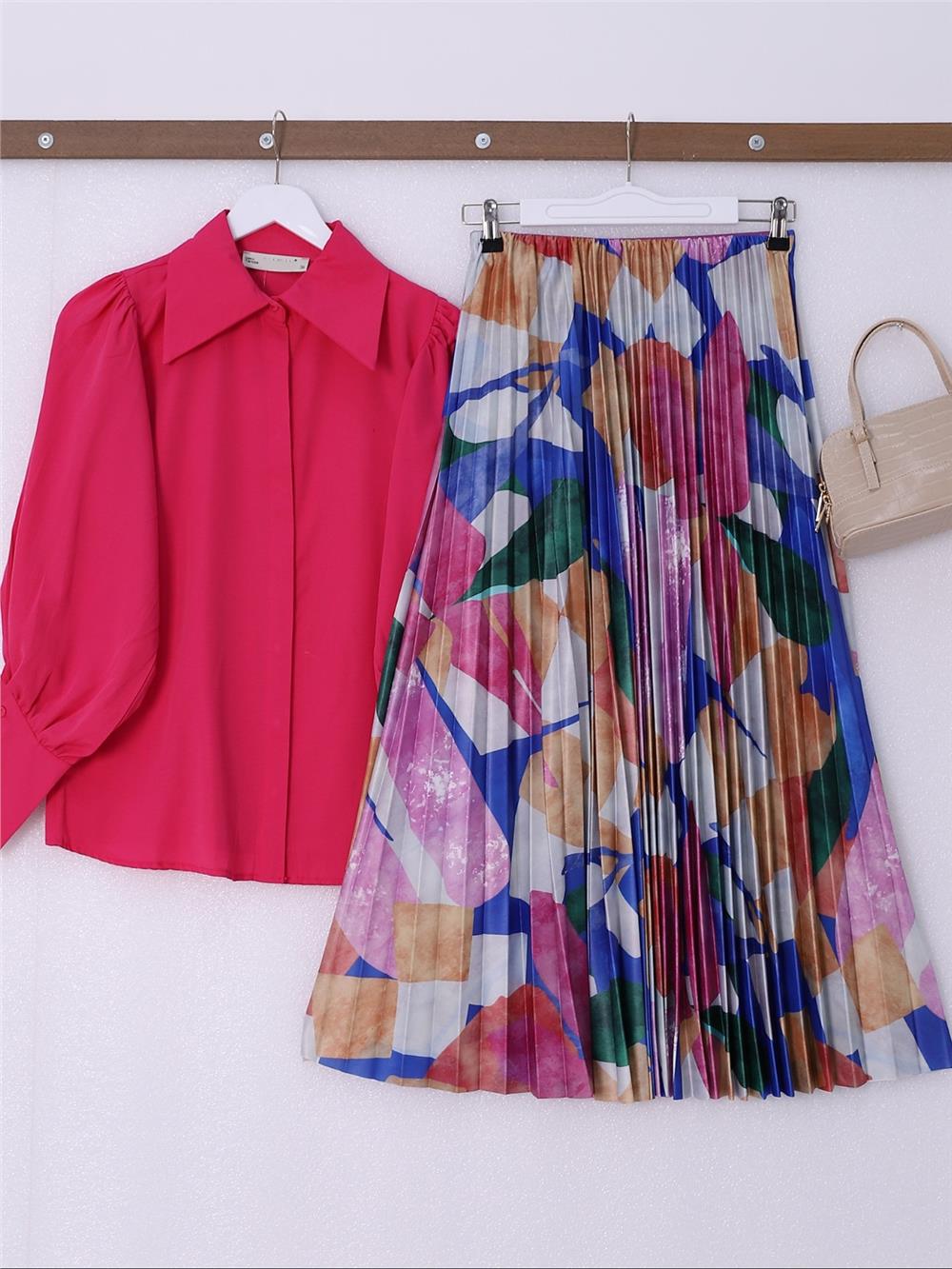 Patterned Thin Pleated Elastic Waist Skirt -Fuchsia-377-2570-R14