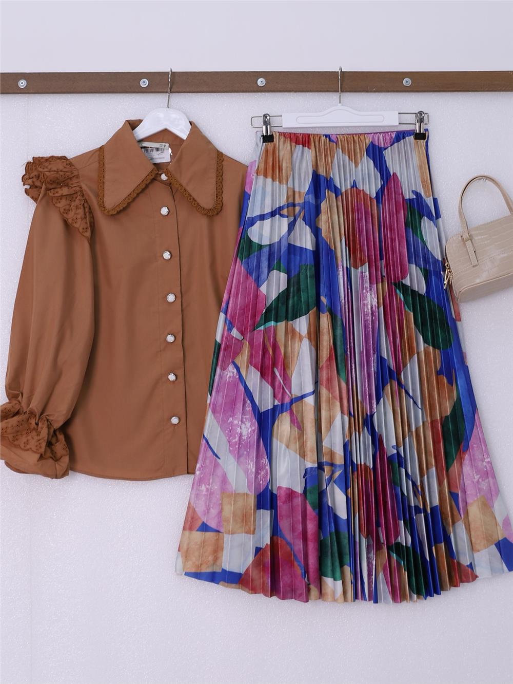 Patterned Thin Pleated Elastic Waist Skirt -Fuchsia-377-2570-R14