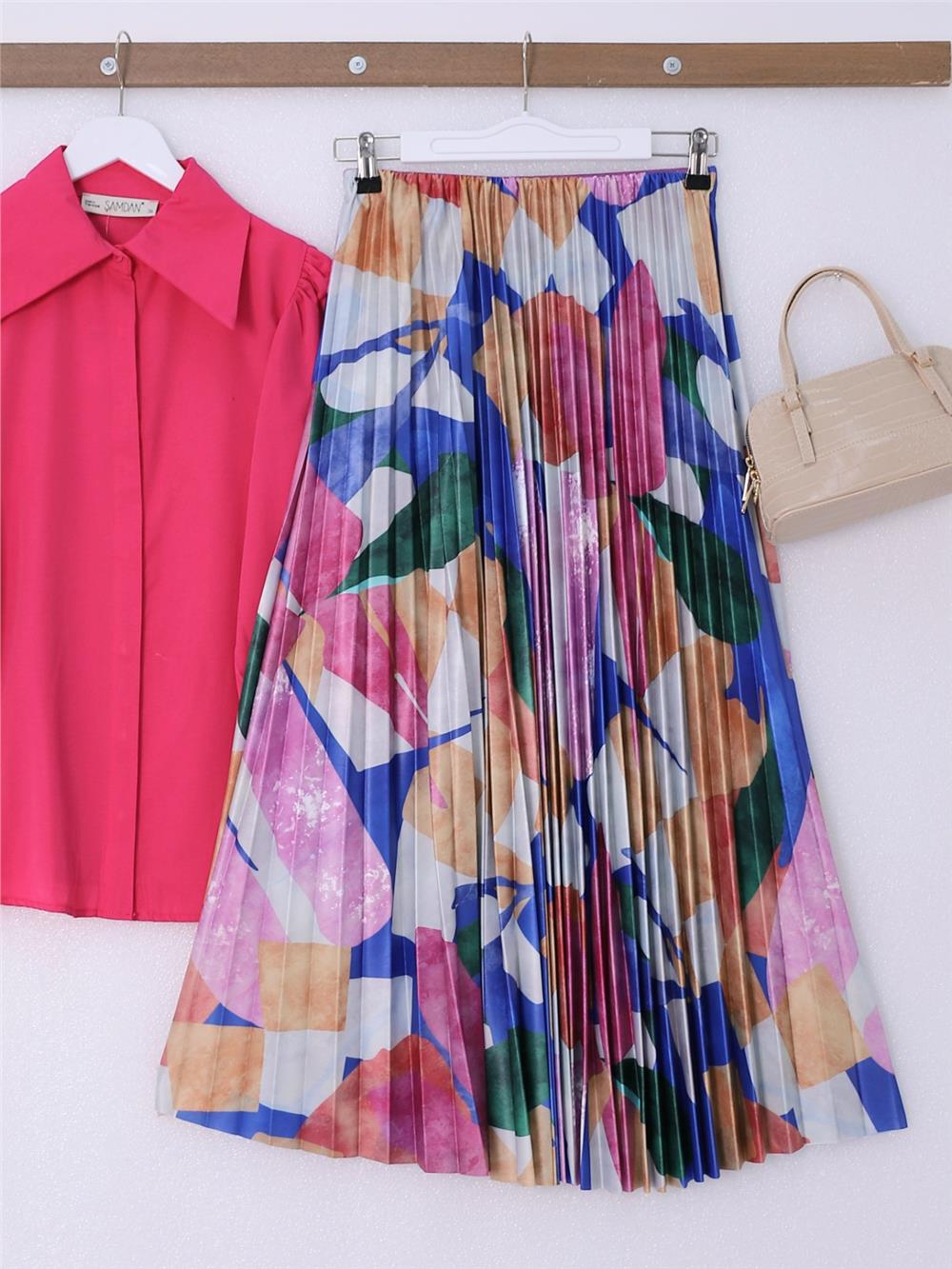 Patterned Thin Pleated Elastic Waist Skirt -Fuchsia-377-2570-R14