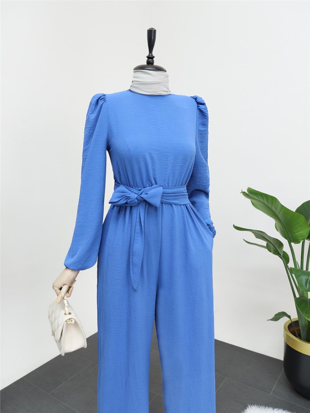High Collar Elastic Waist Belted Jumpsuit - Indigo-349-5037-R21