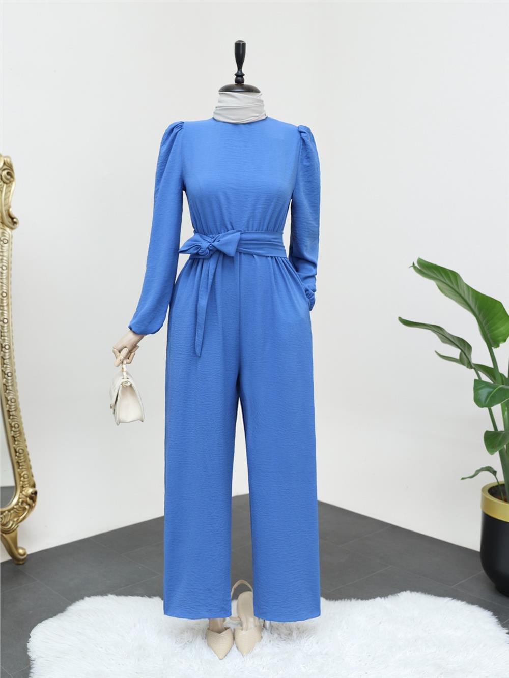 High Collar Elastic Waist Belted Jumpsuit - Indigo-349-5037-R21
