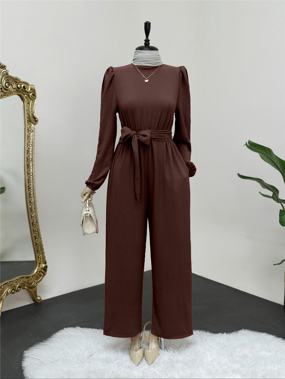 بذلة ذات ياقة عالية وحزام خصر مطاطي - بني-349-5037-R15