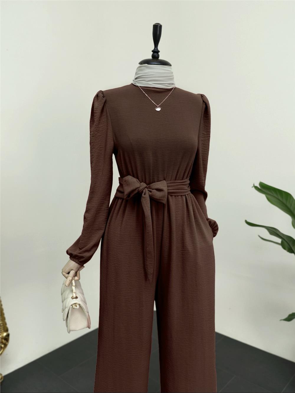 بذلة ذات ياقة عالية وحزام خصر مطاطي - بني-349-5037-R15