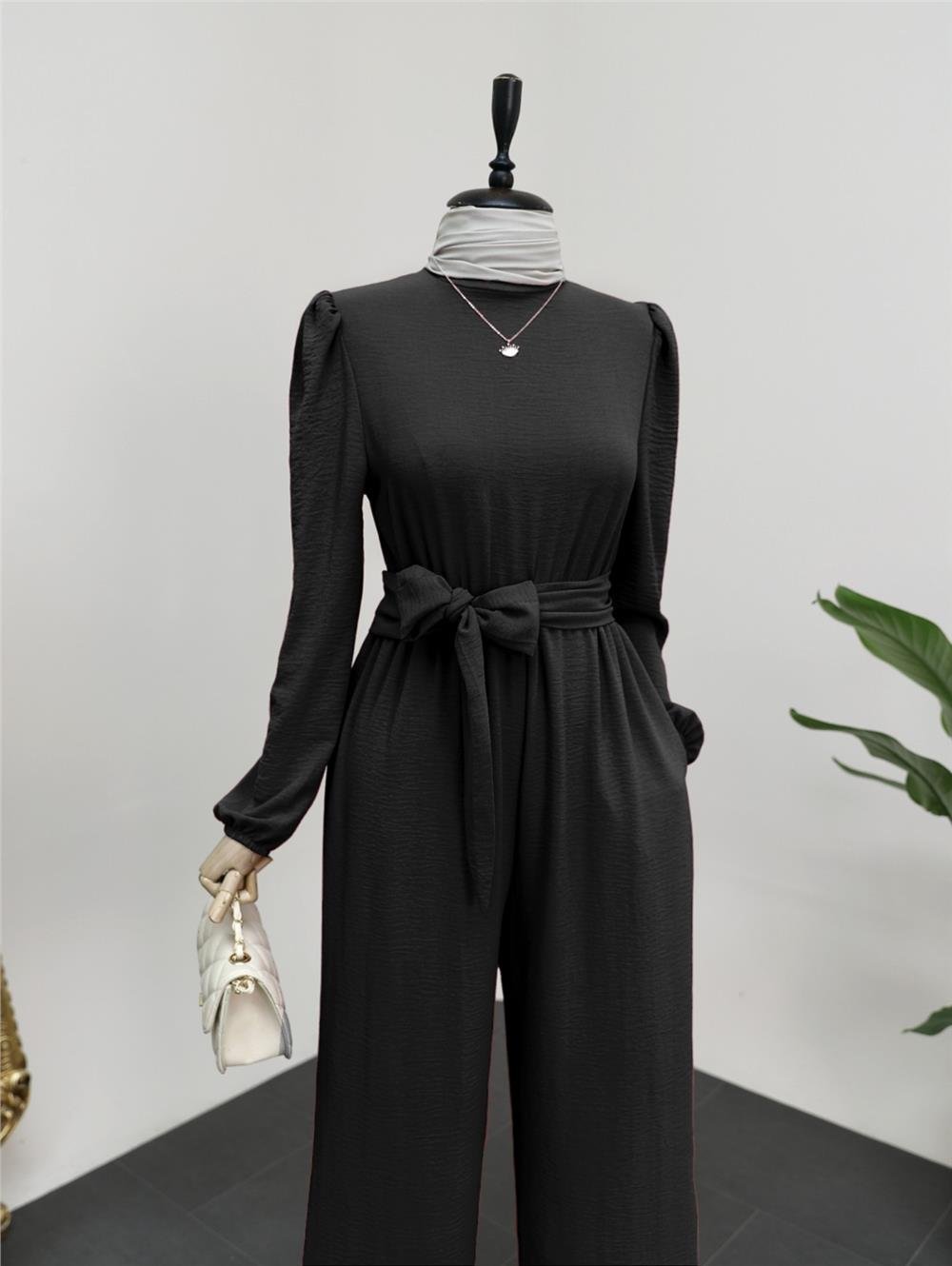High Collar Elastic Waist Belted Jumpsuit -Black-349-5037-R01