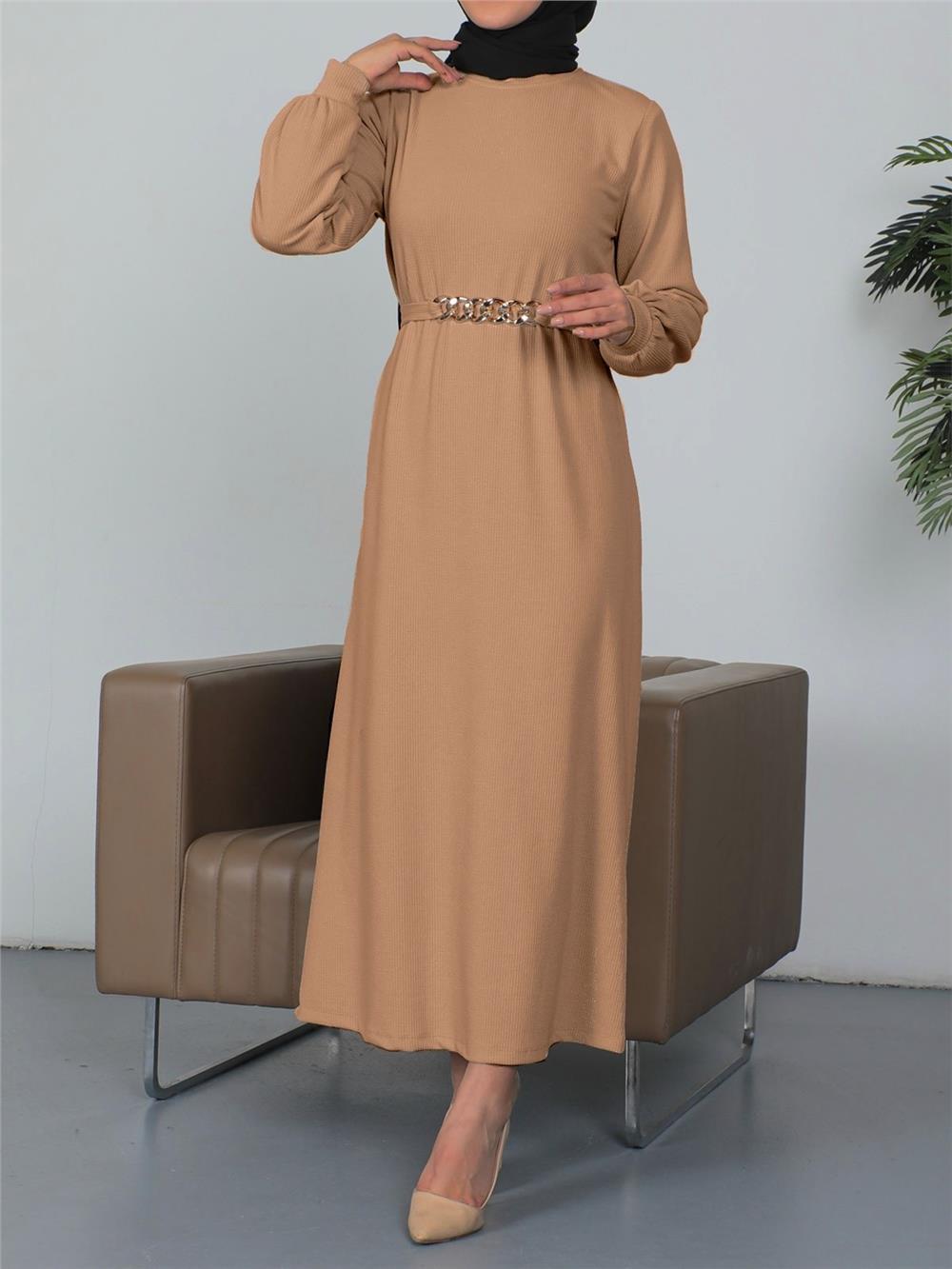 High Collar Ribbed Chain Belted Dress -Mink-362-3831-R23
