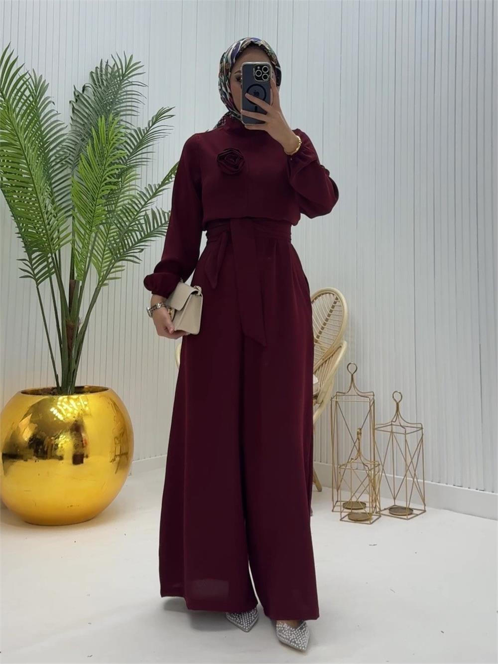 Dik Yaka Kemerli Güllü Tulum -Bordo-319-8009-R04