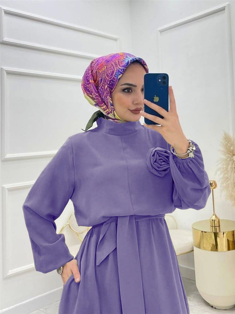 Dik Yaka Kemerli Güllü Tulum -Lila-319-8009-R42