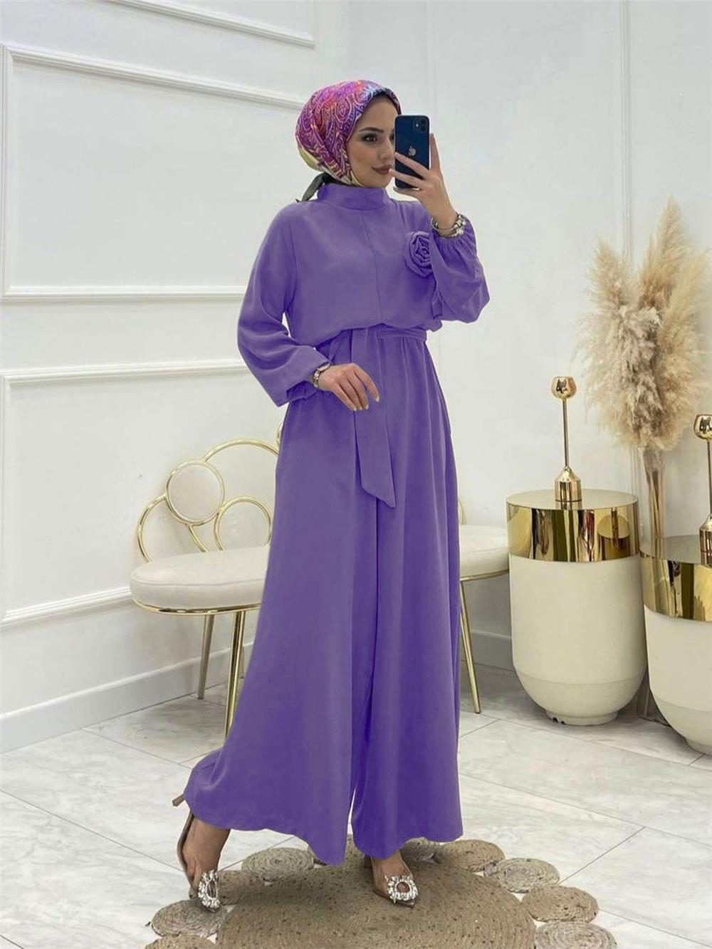 Dik Yaka Kemerli Güllü Tulum -Lila-319-8009-R42