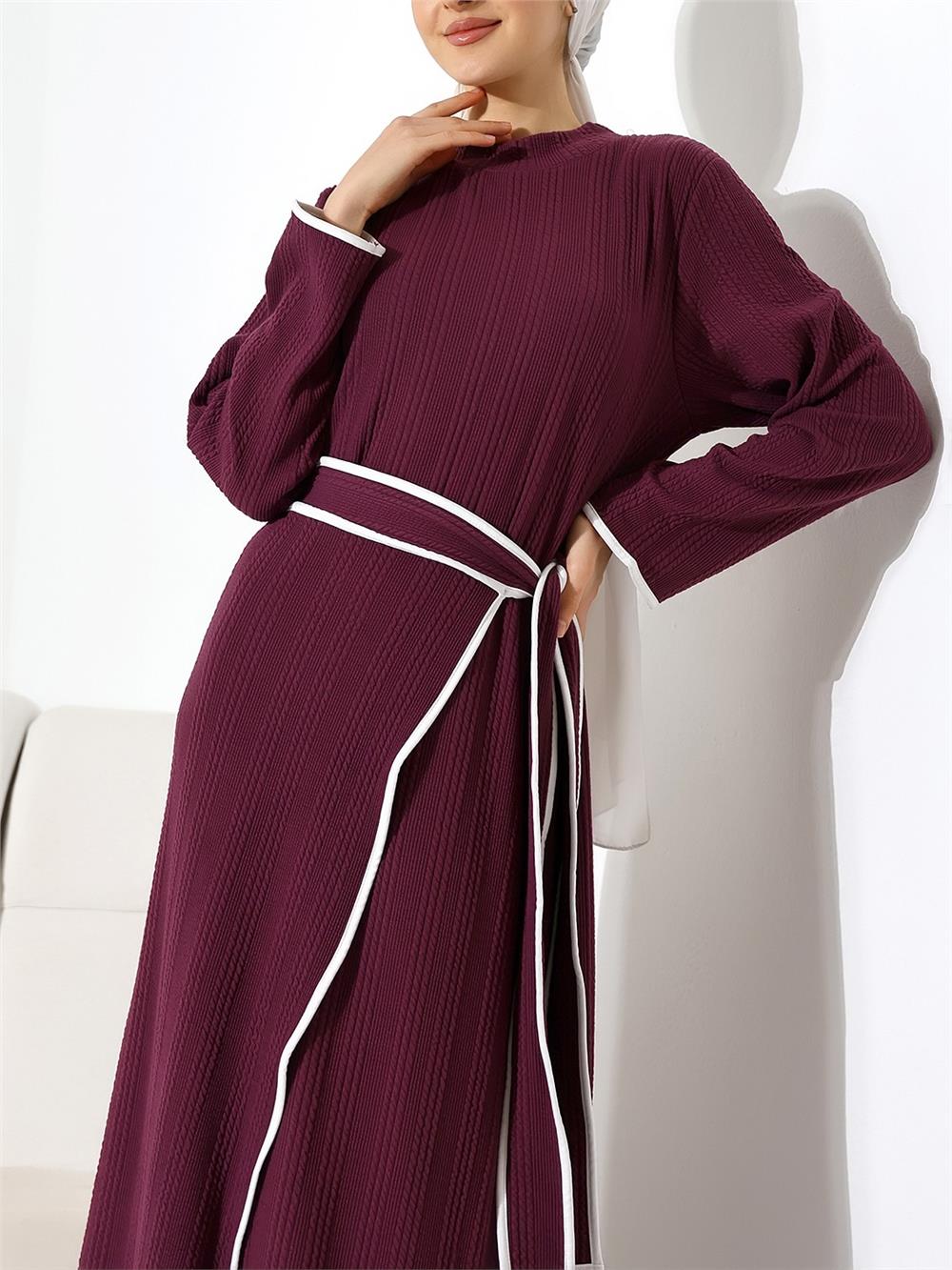 Dik Yaka Örme Krep Beli Bağlamalı İki Parçalı Elbise -Mor-398-6032-R34
