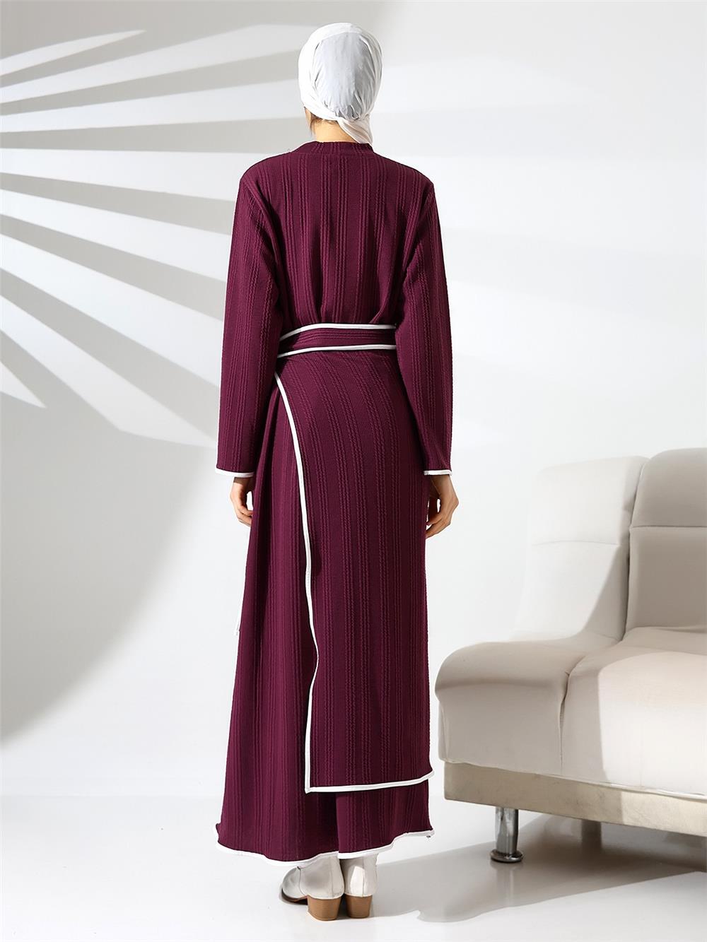 Dik Yaka Örme Krep Beli Bağlamalı İki Parçalı Elbise -Mor-398-6032-R34