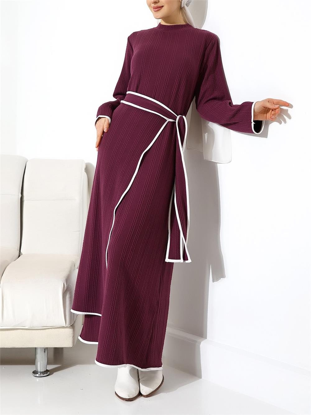 Dik Yaka Örme Krep Beli Bağlamalı İki Parçalı Elbise -Mor-398-6032-R34