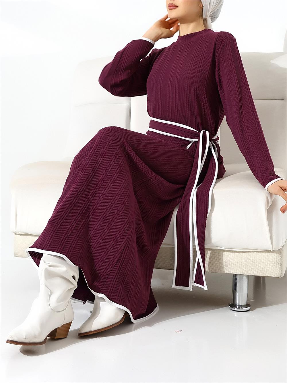 Dik Yaka Örme Krep Beli Bağlamalı İki Parçalı Elbise -Mor-398-6032-R34