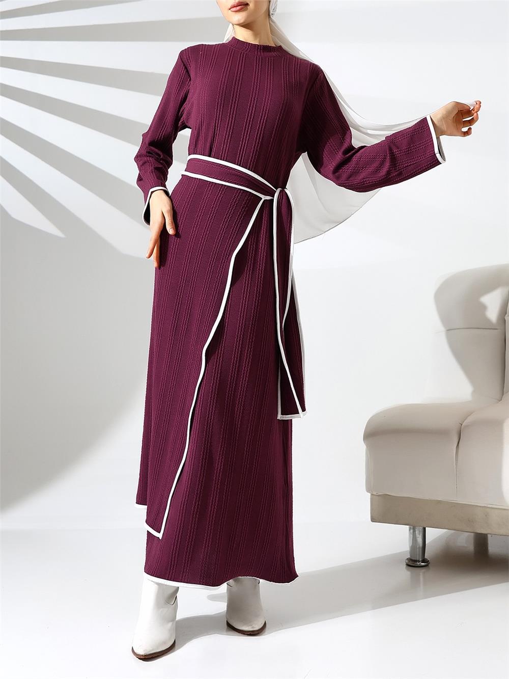 Dik Yaka Örme Krep Beli Bağlamalı İki Parçalı Elbise -Mor-398-6032-R34