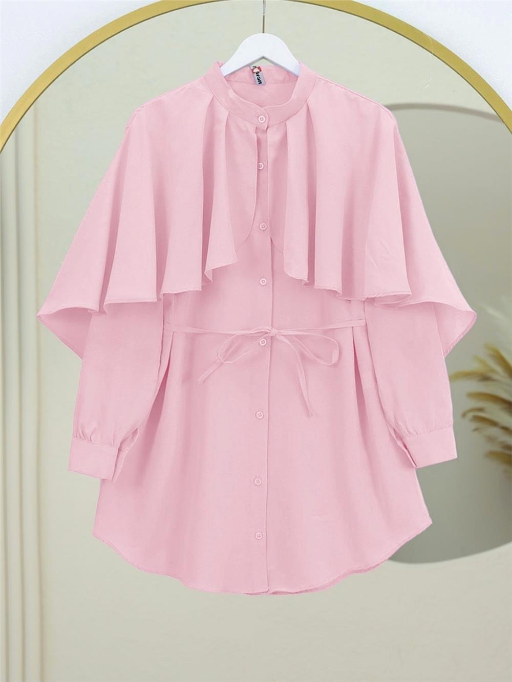 Dik Yaka Pelerin Detaylı Poplin Gömlek  -Pudra-120-1604-R06
