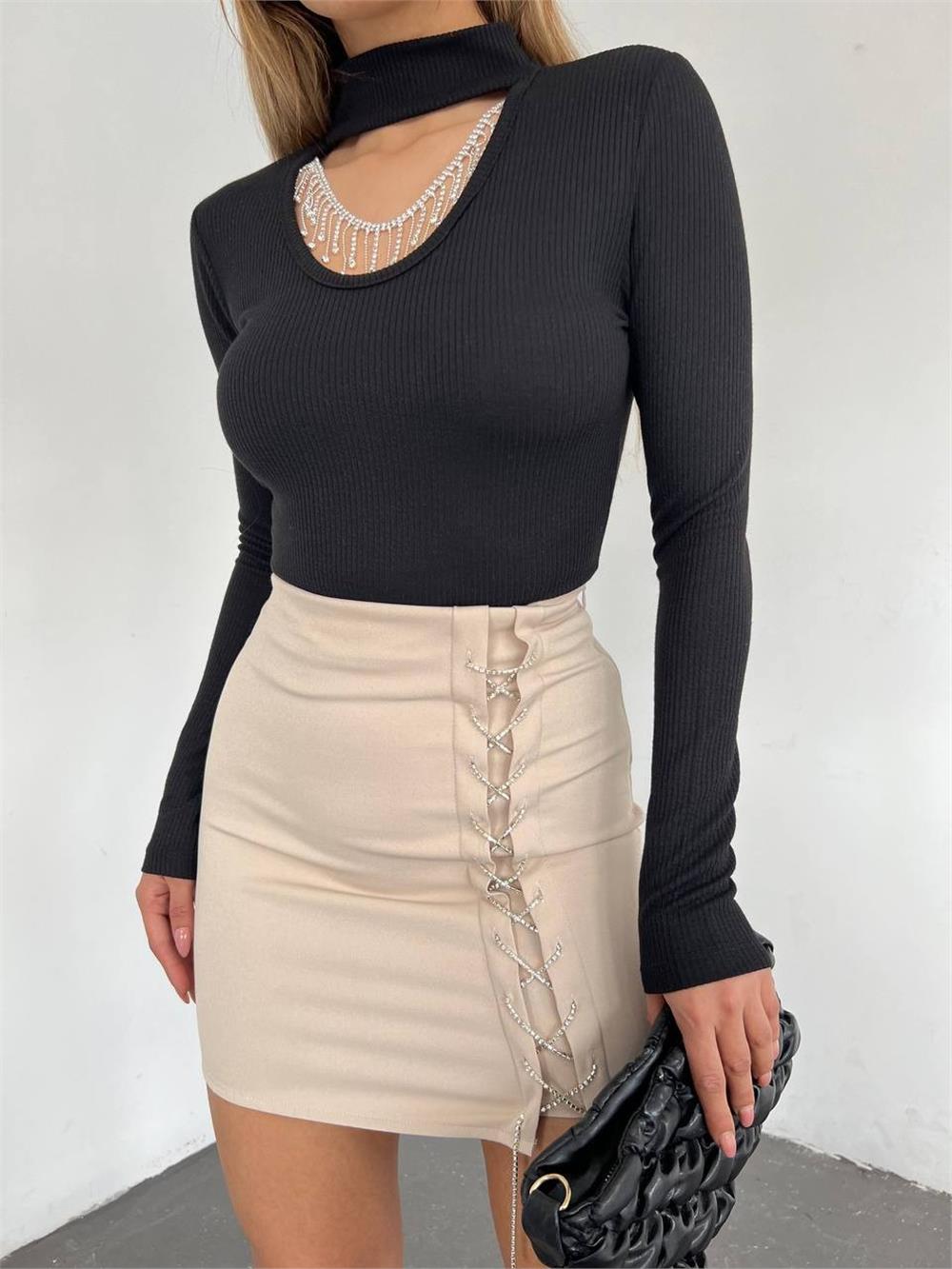 Stand Up Collar Stone Detailed Long Sleeve Blouse -Black-358-10282-R01