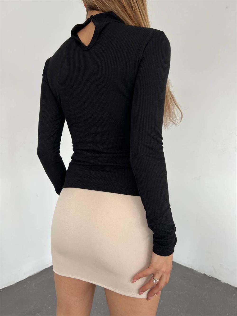 Stand Up Collar Stone Detailed Long Sleeve Blouse -Black-358-10282-R01