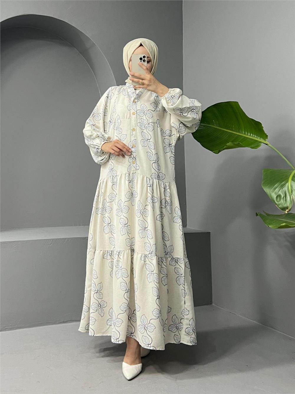 High Collar Half Buttoned Linen Dress - Baby Blue-199-0607-R32