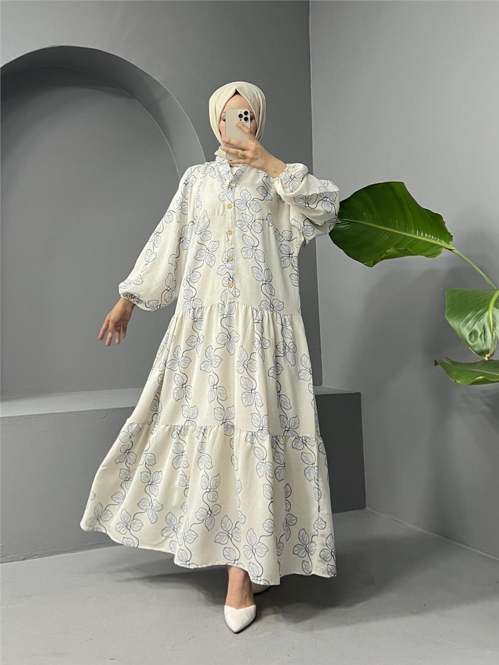 High Collar Half Buttoned Linen Dress - Baby Blue-199-0607-R32
