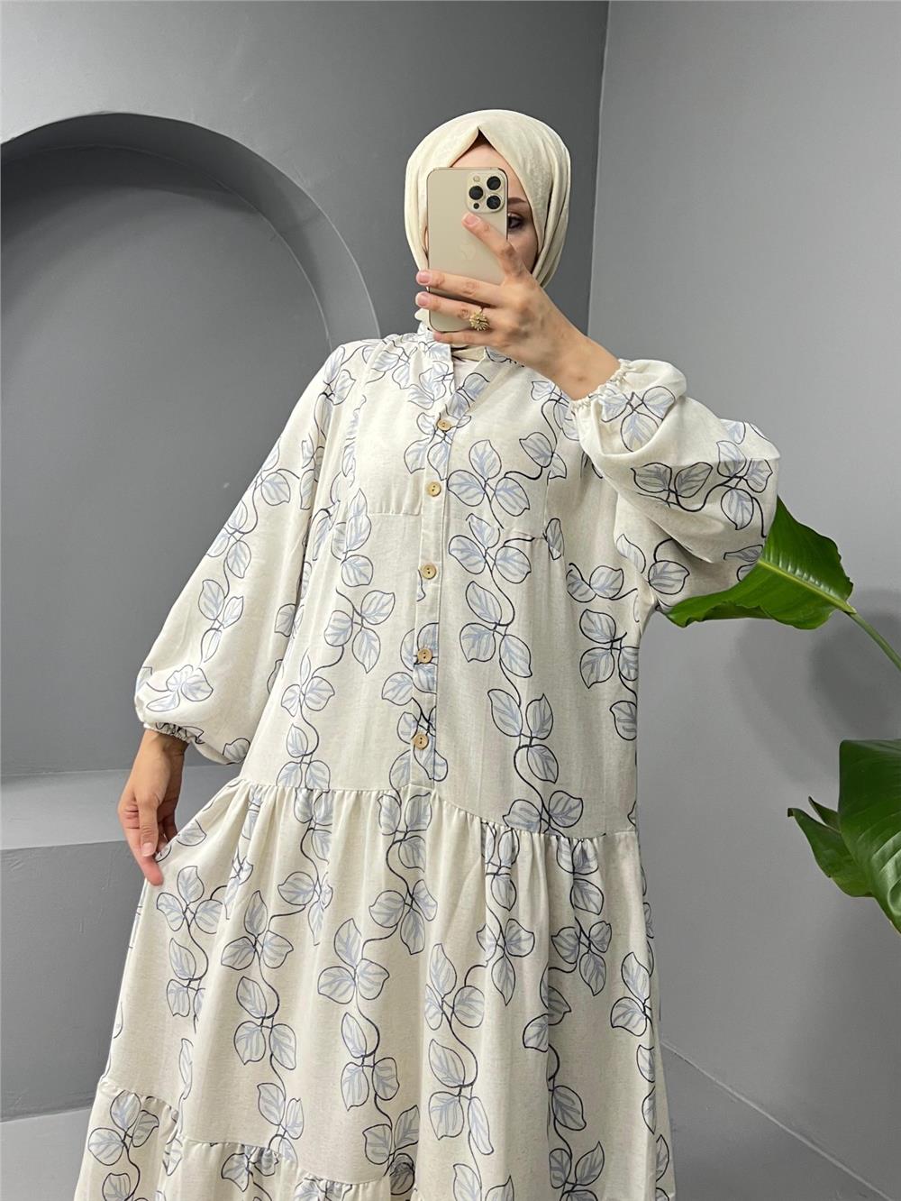 High Collar Half Buttoned Linen Dress - Baby Blue-199-0607-R32
