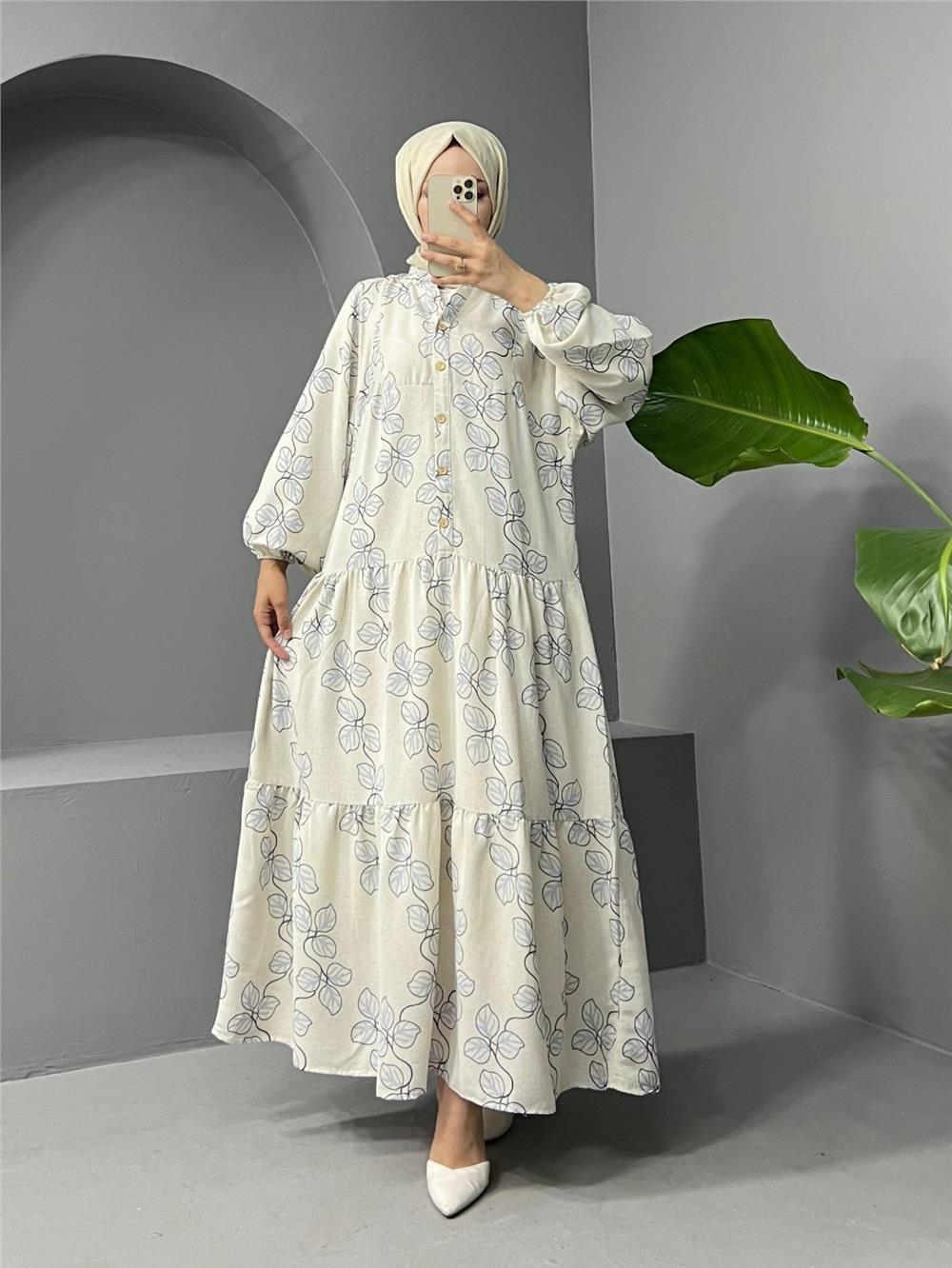 High Collar Half Buttoned Linen Dress - Baby Blue-199-0607-R32