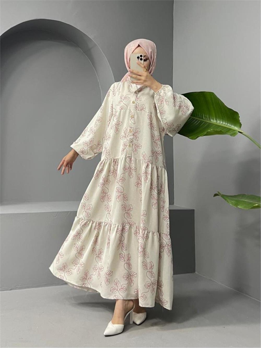 High Collar Half Buttoned Linen Dress -G.Dry-199-0607-R27