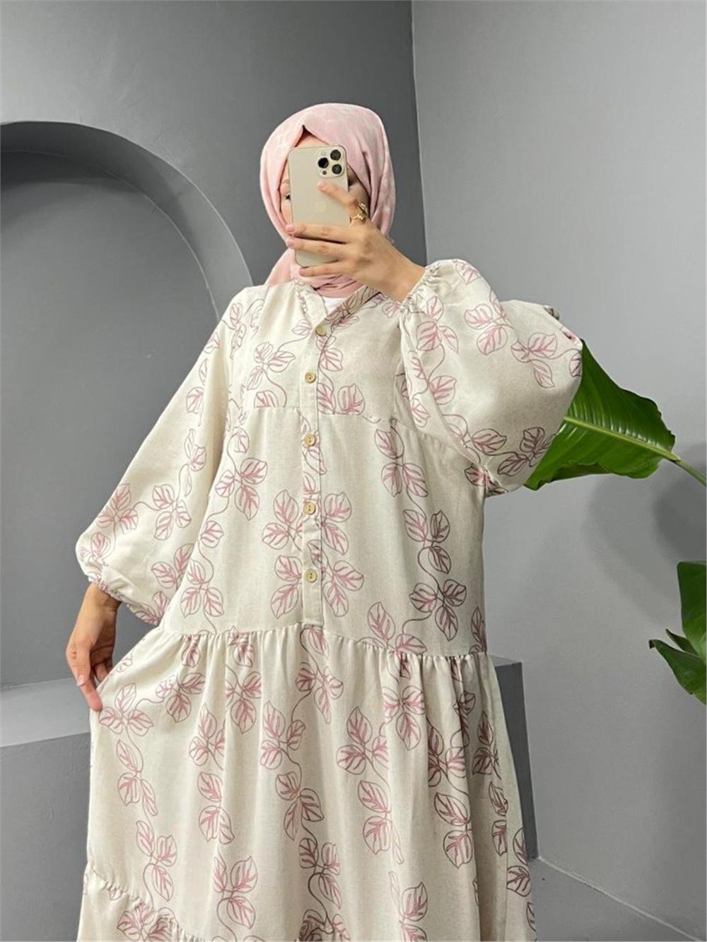 High Collar Half Buttoned Linen Dress -G.Dry-199-0607-R27