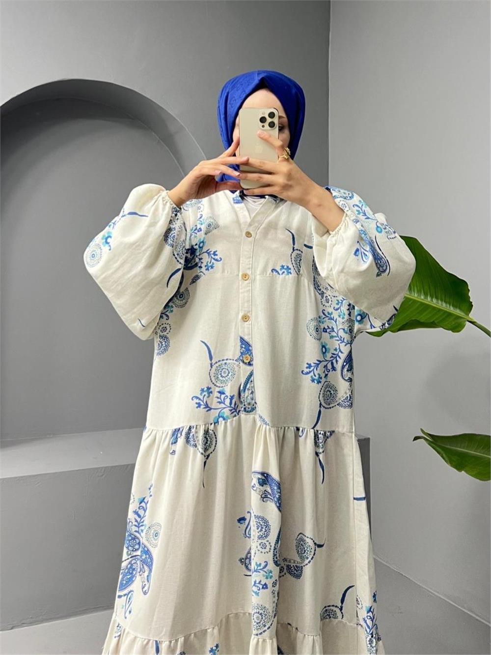 High Collar Half Buttoned Linen Dress - Indigo-199-0607-R21