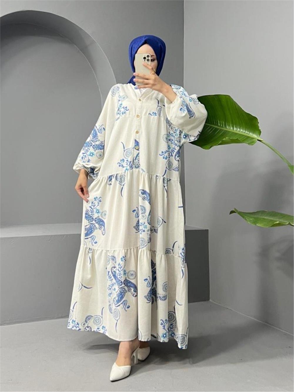 High Collar Half Buttoned Linen Dress - Indigo-199-0607-R21