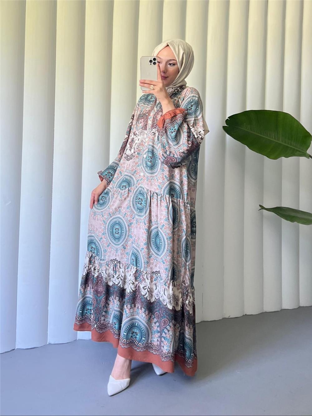 Dik Yaka Yarım Düğmeli Parçalı Elbise  -Açık Kahve-199-6061-R76
