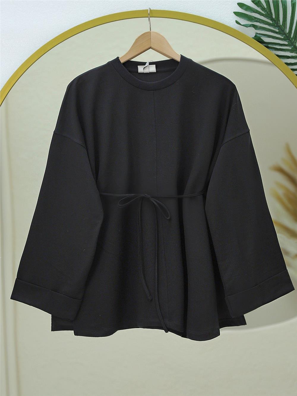 Dikiş Detaylı Yırtmaçlı Beli Bağlamalı Sweat -Siyah-238-2755-R01