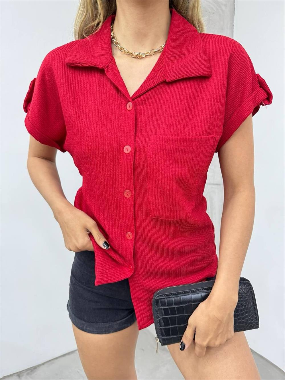 Double Sleeve Single Pocket Wrinkled Shirt - Claret Red-358-9628-R04