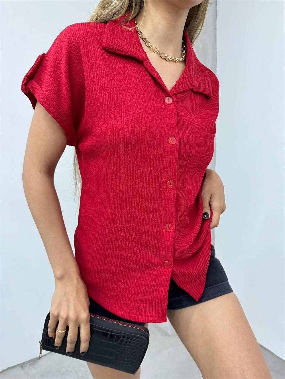 Double Sleeve Single Pocket Wrinkled Shirt - Claret Red-358-9628-R04