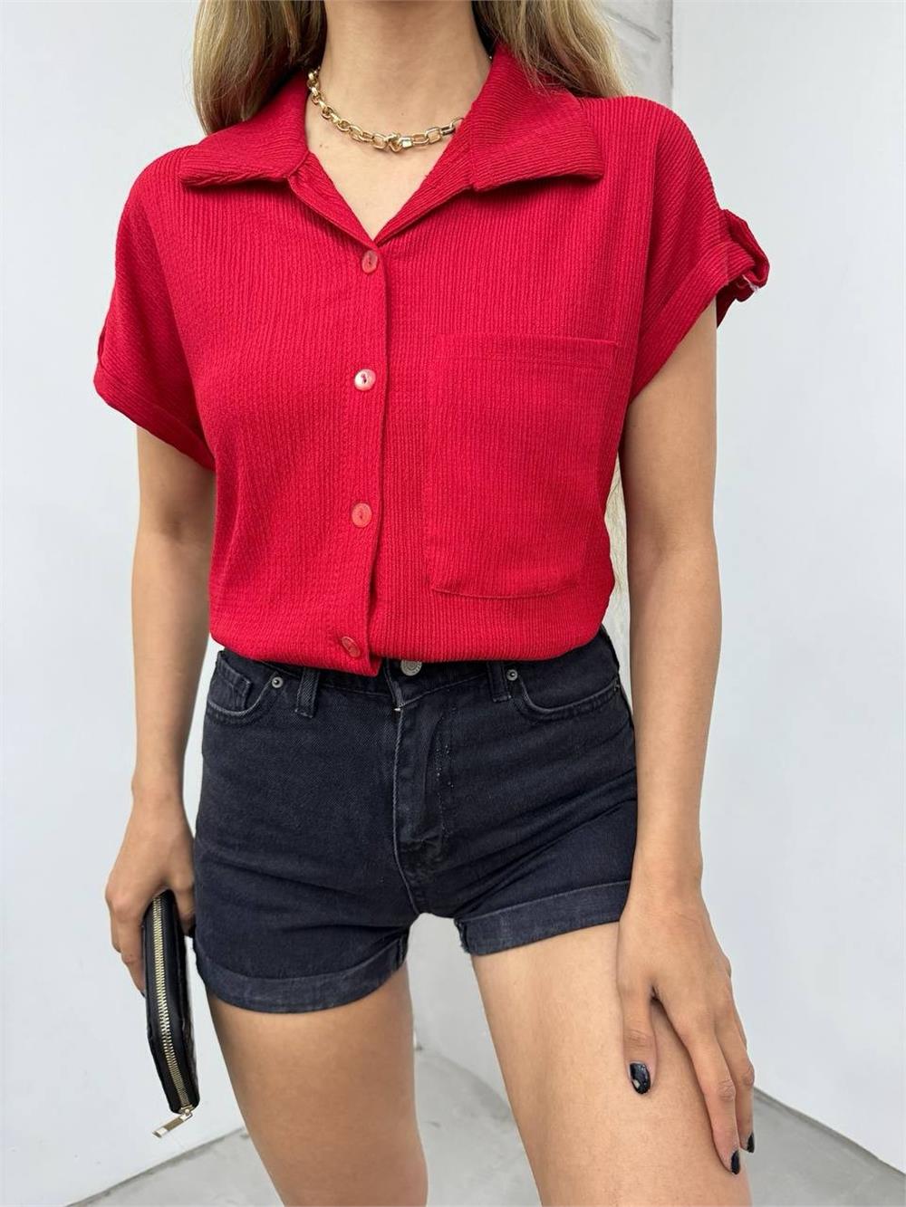Double Sleeve Single Pocket Wrinkled Shirt - Claret Red-358-9628-R04