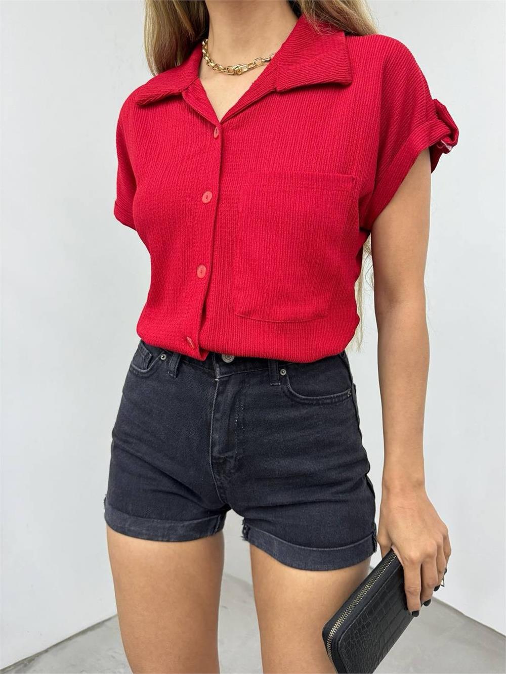 Double Sleeve Single Pocket Wrinkled Shirt - Claret Red-358-9628-R04